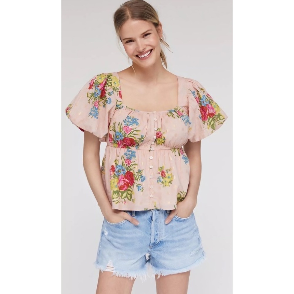 Love The Label Anthropologie‎ Floral Puff Sleeve Top Gold Foil Pink Medium NEW